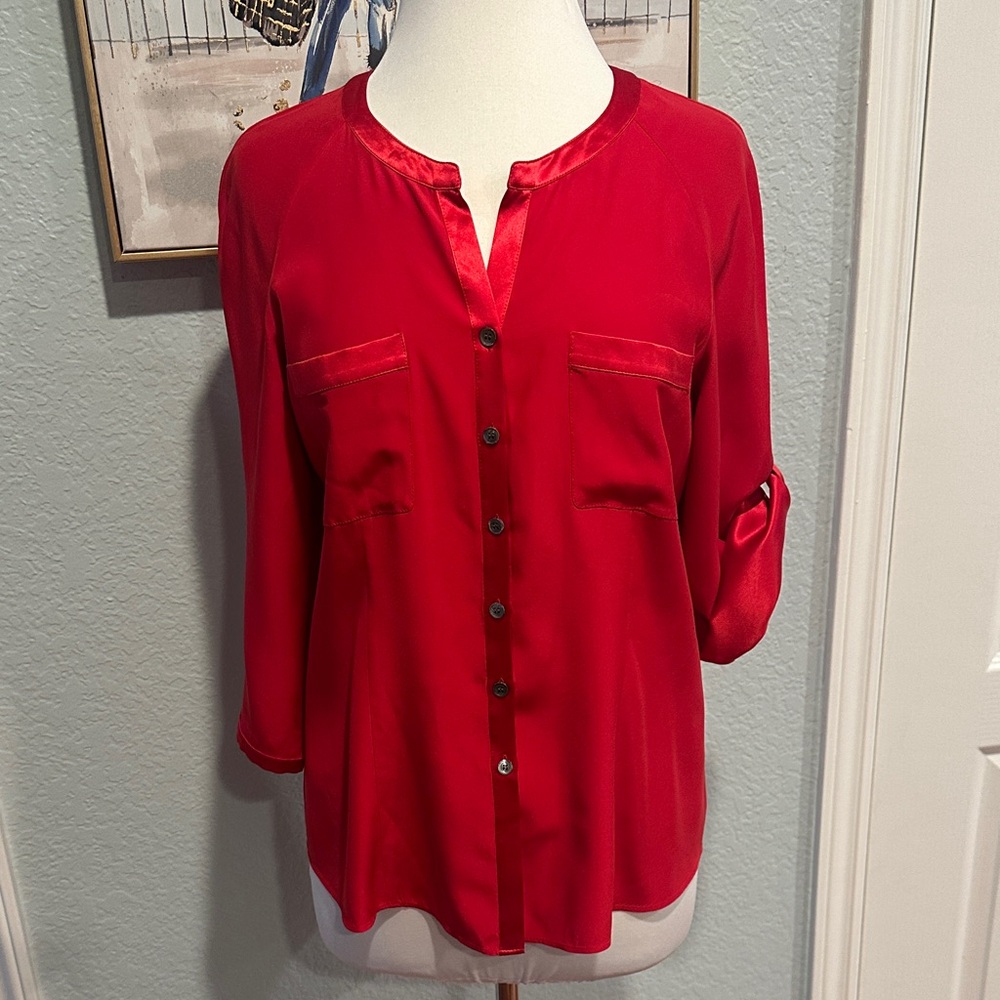 Lafayette 148 New York Sz 8 Scarlet 100% Silk Button-Up Blouse